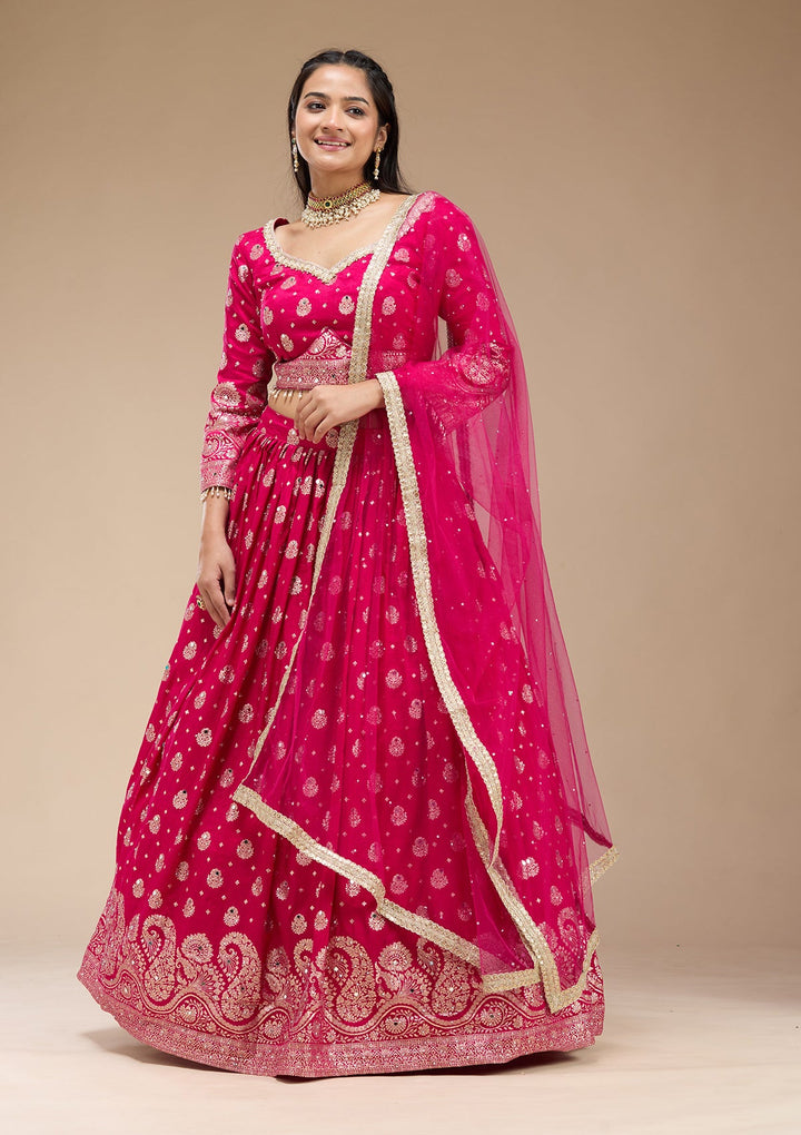 Magenta Pink Mirrorwork Soft Raw Silk Readymade Lehenga-koskii