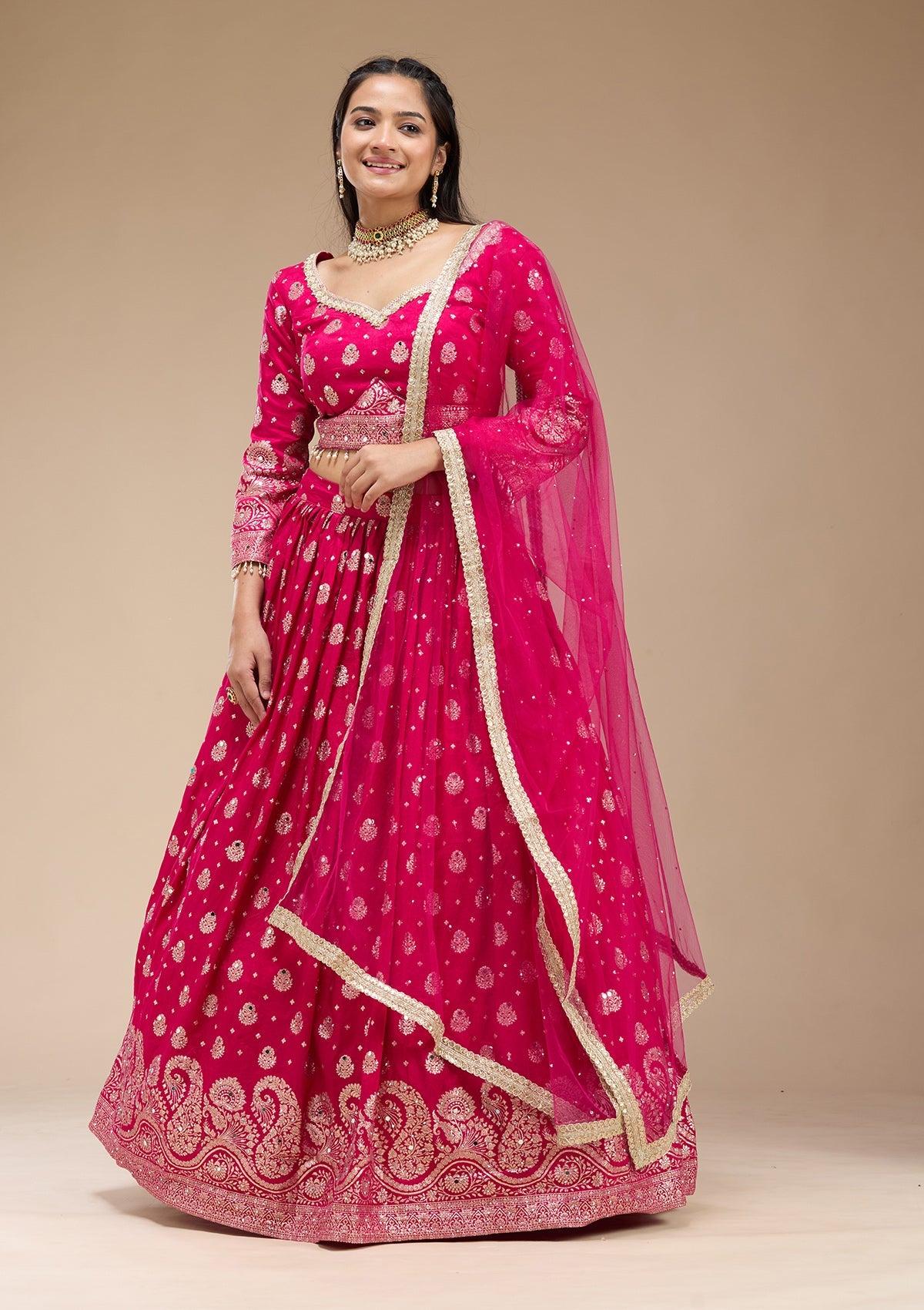 Magenta Pink Mirrorwork Soft Raw Silk Readymade Lehenga-koskii