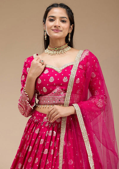 Magenta Pink Mirrorwork Soft Raw Silk Readymade Lehenga-koskii