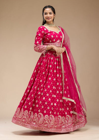 Magenta Pink Mirrorwork Soft Raw Silk Readymade Lehenga-koskii