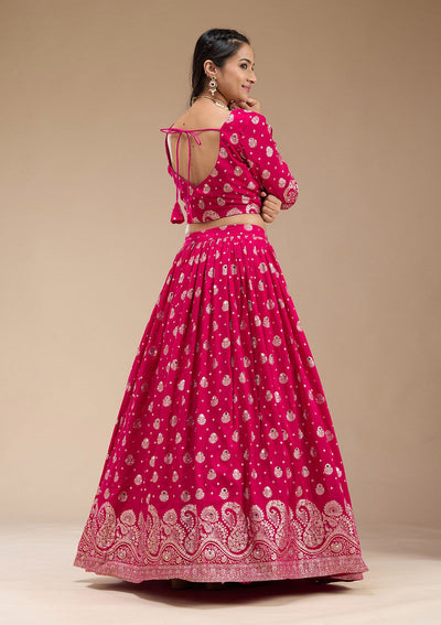 Magenta Pink Mirrorwork Soft Raw Silk Readymade Lehenga-koskii