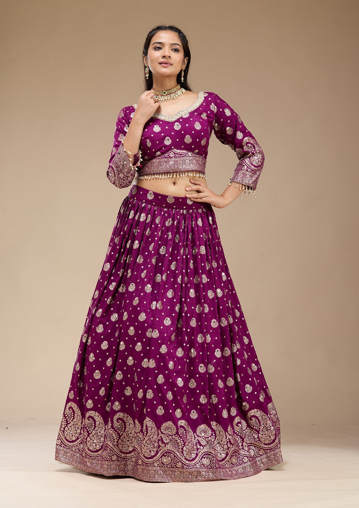 Purple Mirrorwork Soft Raw Silk Readymade Lehenga-koskii