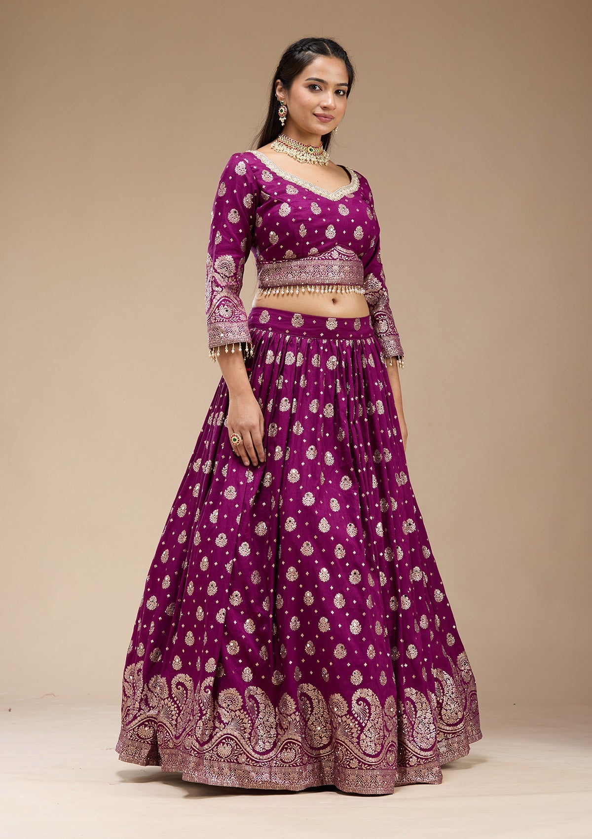 Purple Mirrorwork Soft Raw Silk Readymade Lehenga-koskii