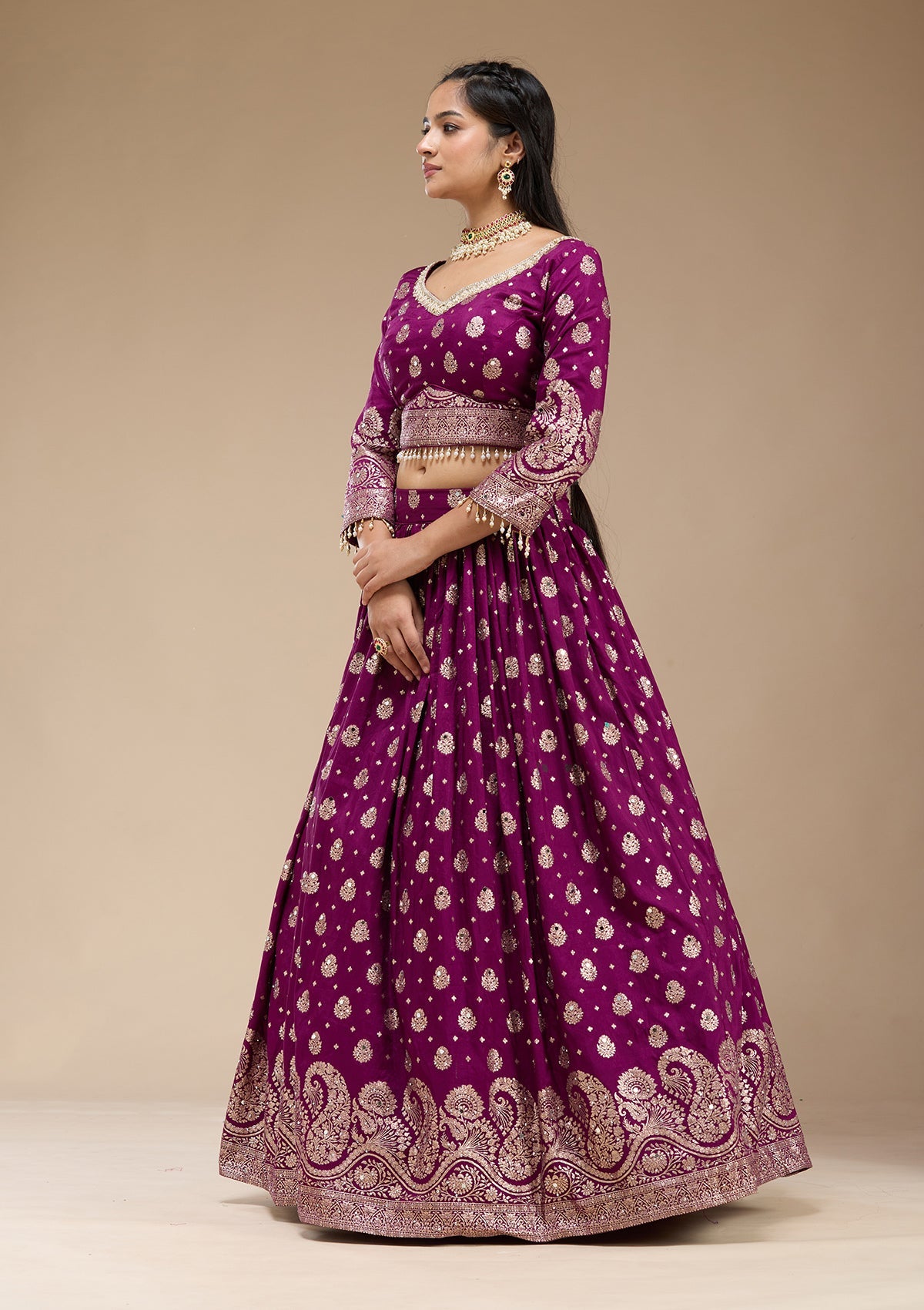 Purple Mirrorwork Soft Raw Silk Readymade Lehenga-koskii
