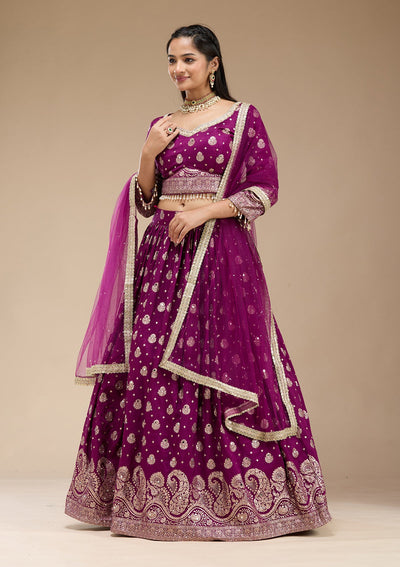 Purple Mirrorwork Soft Raw Silk Readymade Lehenga-koskii