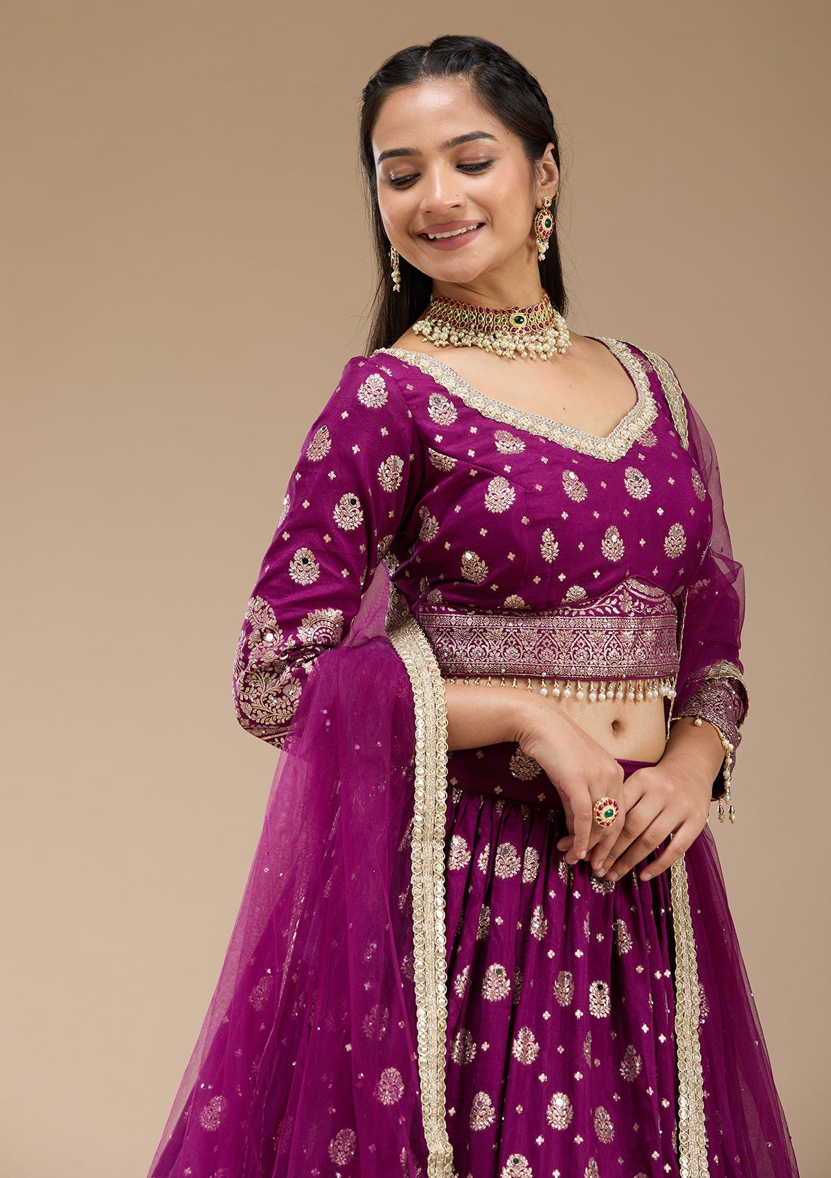 Purple Mirrorwork Soft Raw Silk Readymade Lehenga-koskii