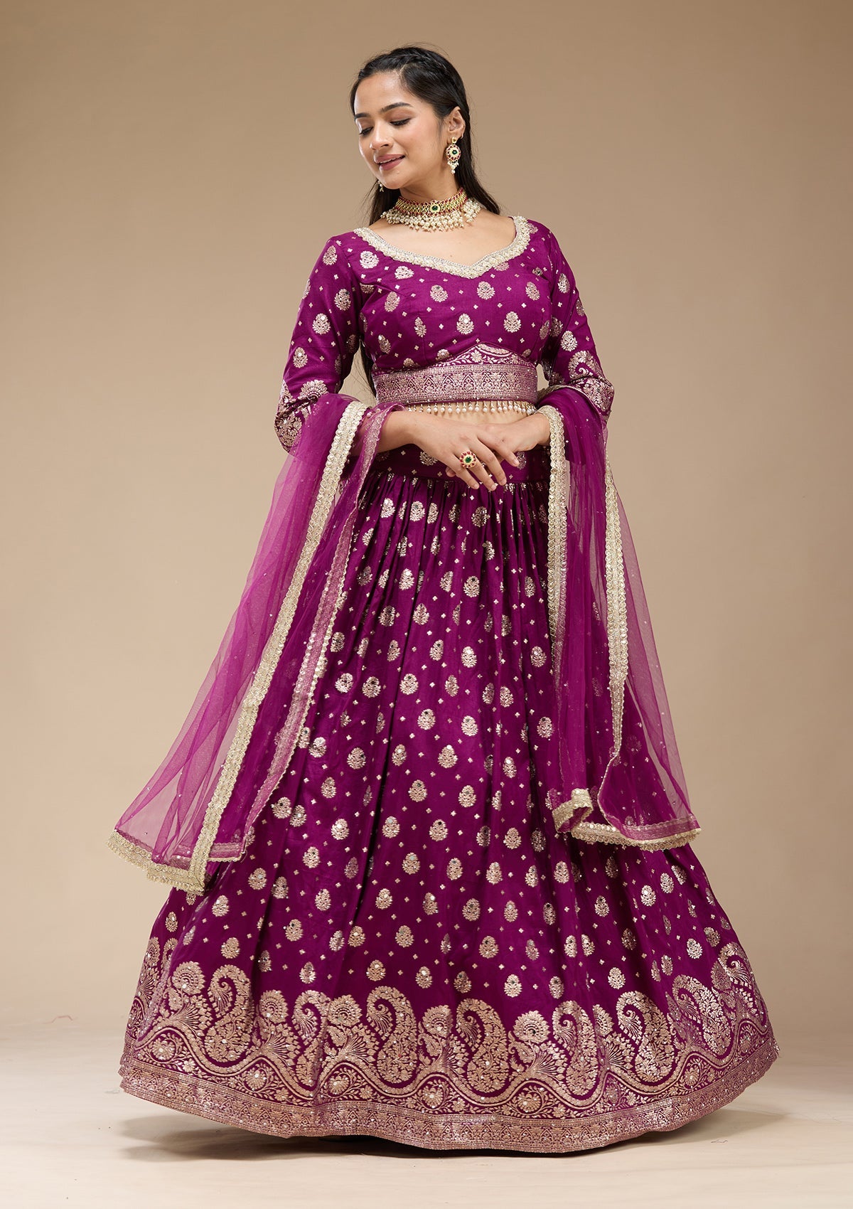 Purple Mirrorwork Soft Raw Silk Readymade Lehenga-koskii