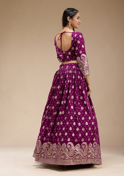 Purple Mirrorwork Soft Raw Silk Readymade Lehenga-koskii