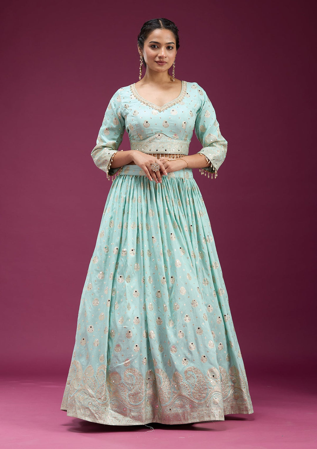 Sky Blue Mirrorwork Soft Raw Silk Readymade Lehenga-koskii