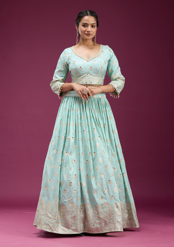 Sky Blue Mirrorwork Banarasi Readymade Lehenga