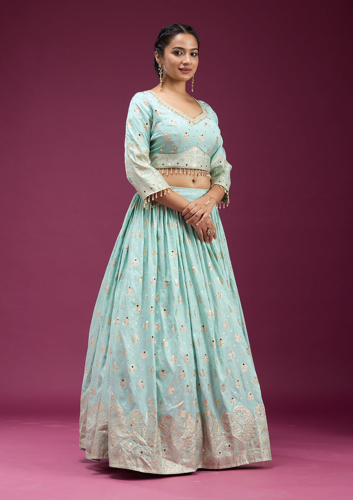 Sky Blue Mirrorwork Soft Raw Silk Readymade Lehenga-koskii