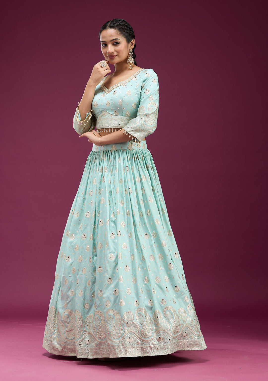 Sky Blue Mirrorwork Soft Raw Silk Readymade Lehenga-koskii
