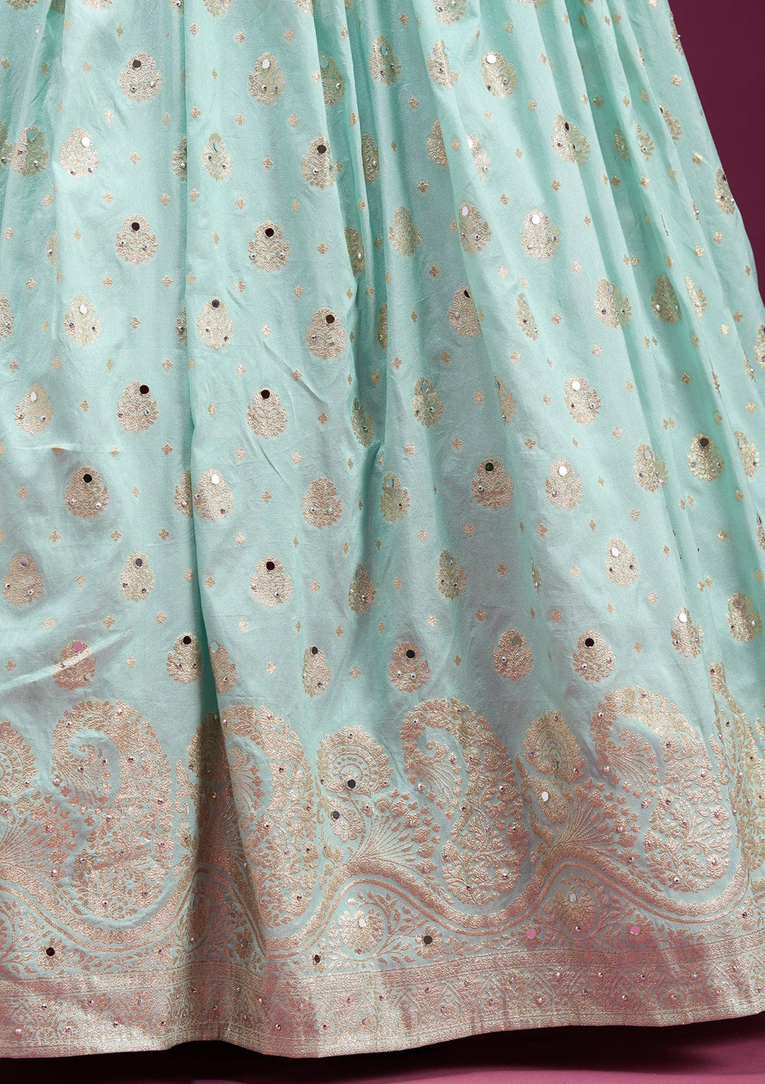 Sky Blue Mirrorwork Soft Raw Silk Readymade Lehenga-koskii