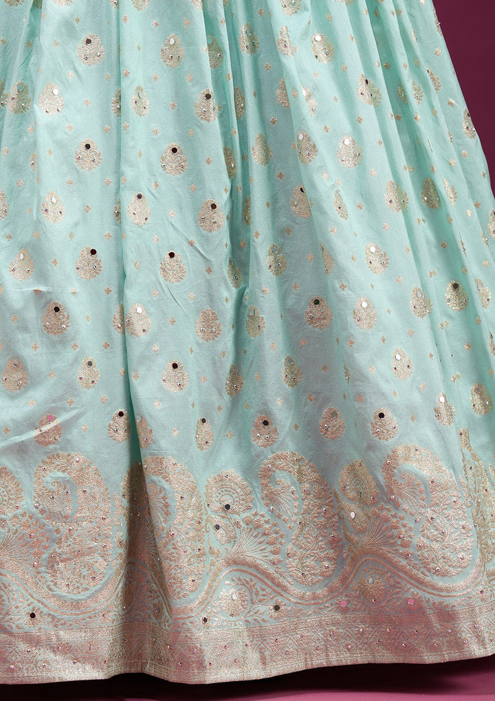 Sky Blue Mirrorwork Banarasi Readymade Lehenga