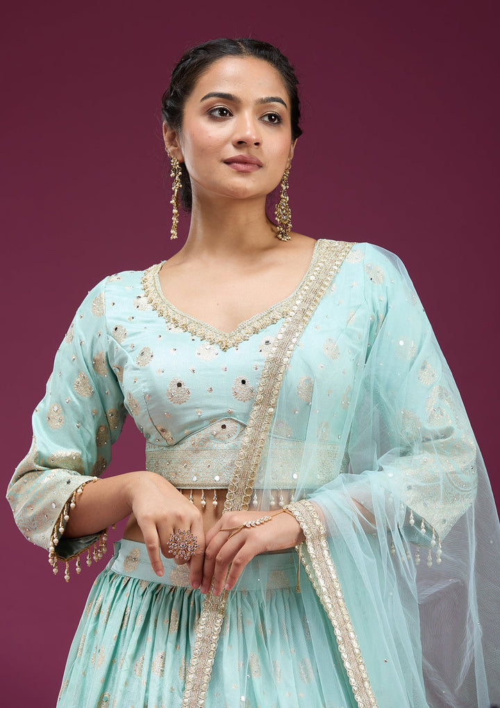Sky Blue Mirrorwork Soft Raw Silk Readymade Lehenga-koskii