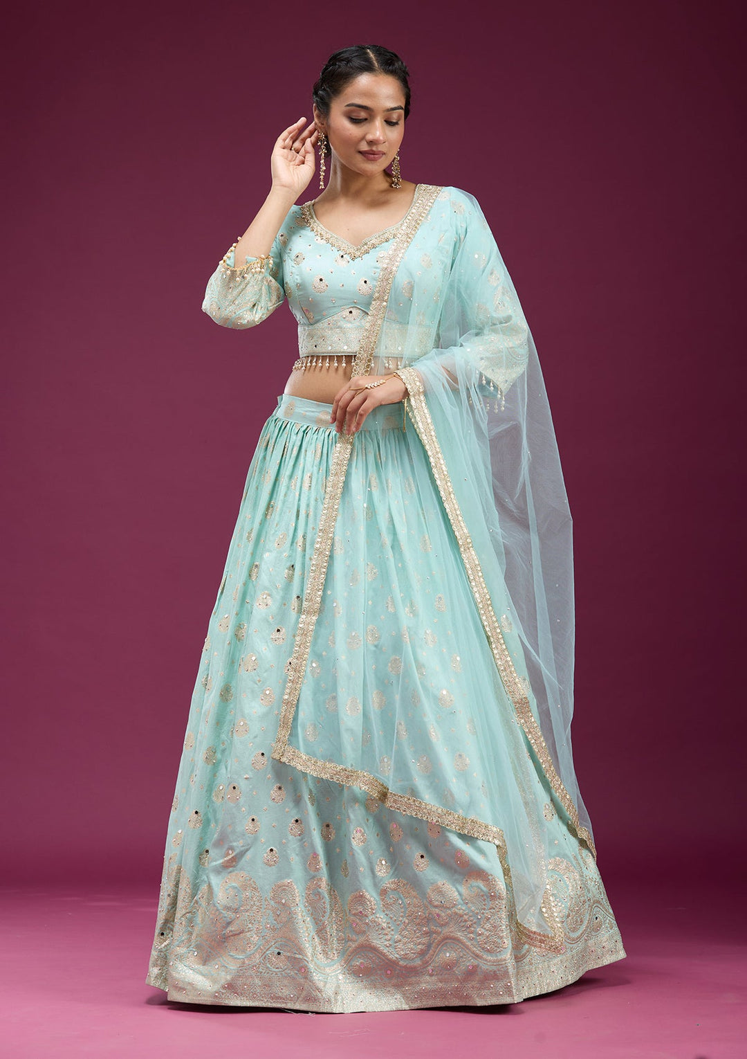 Sky Blue Mirrorwork Soft Raw Silk Readymade Lehenga-koskii