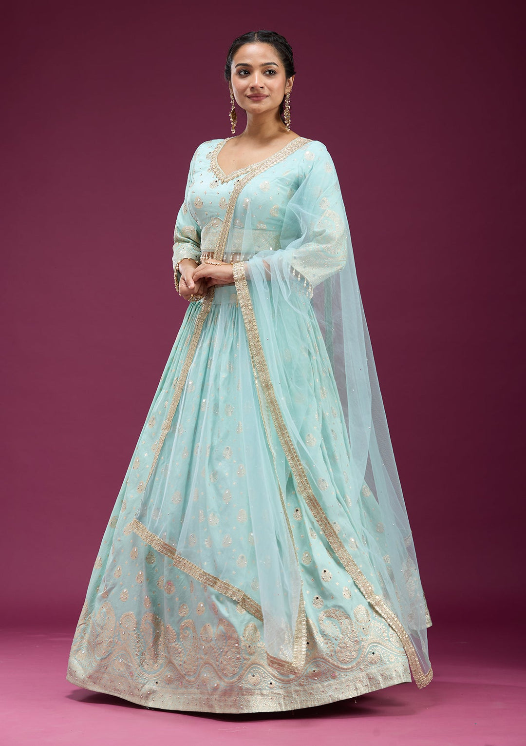Sky Blue Mirrorwork Soft Raw Silk Readymade Lehenga-koskii