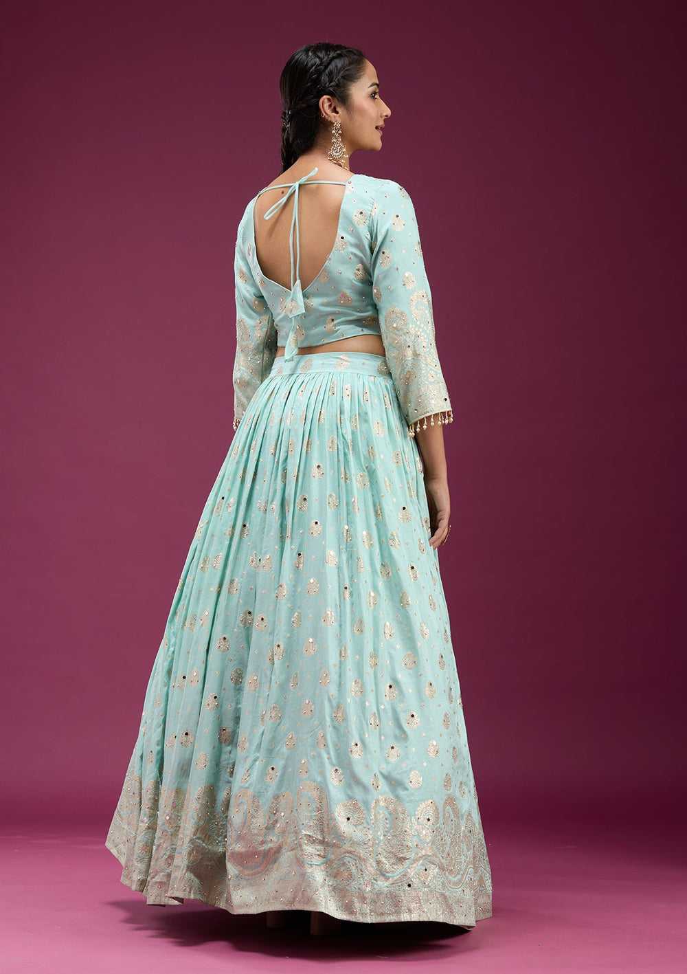 Sky Blue Mirrorwork Soft Raw Silk Readymade Lehenga-koskii