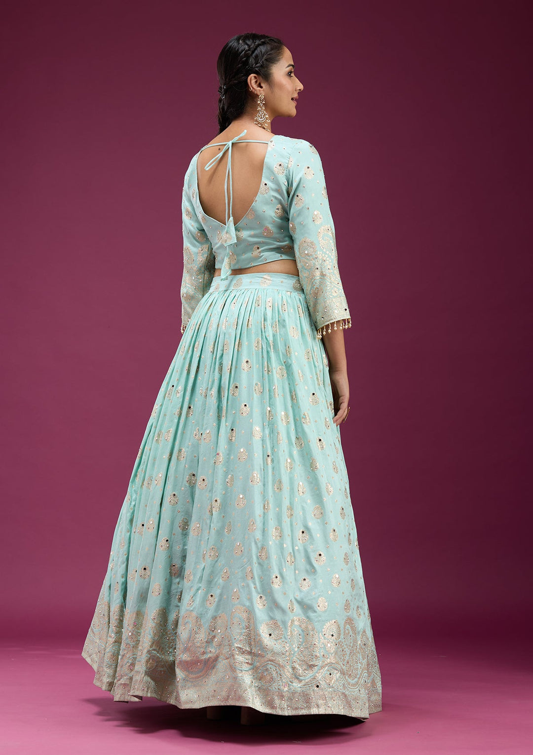 Sky Blue Mirrorwork Soft Raw Silk Readymade Lehenga-koskii