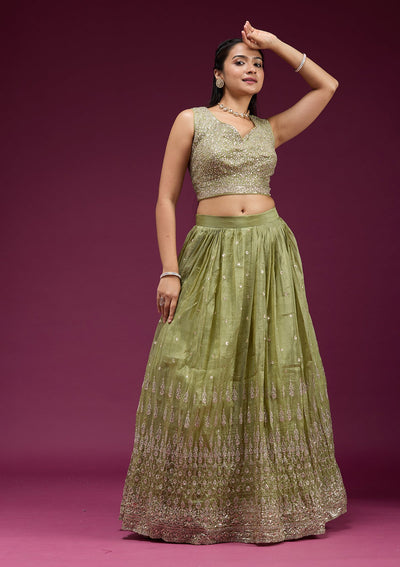 Pista Green Sequins Organza Readymade Lehenga-koskii