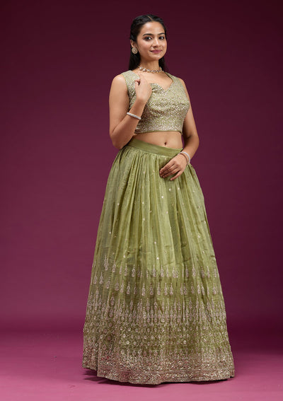 Pista Green Sequins Organza Readymade Lehenga-koskii