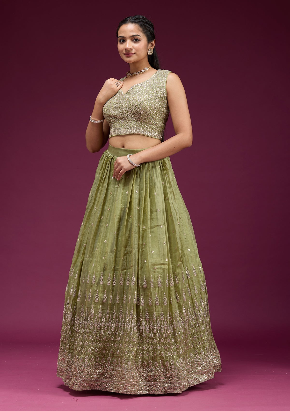 Pista Green Sequins Organza Readymade Lehenga-koskii