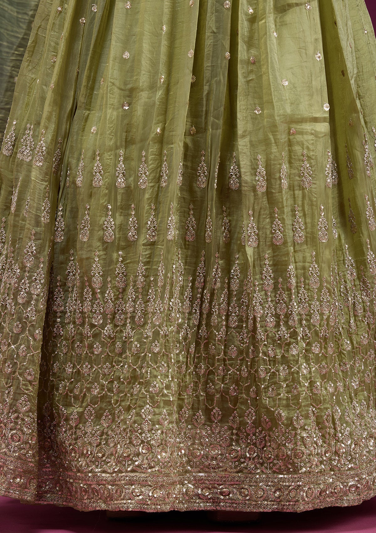 Pista Green Sequins Organza Readymade Lehenga-koskii