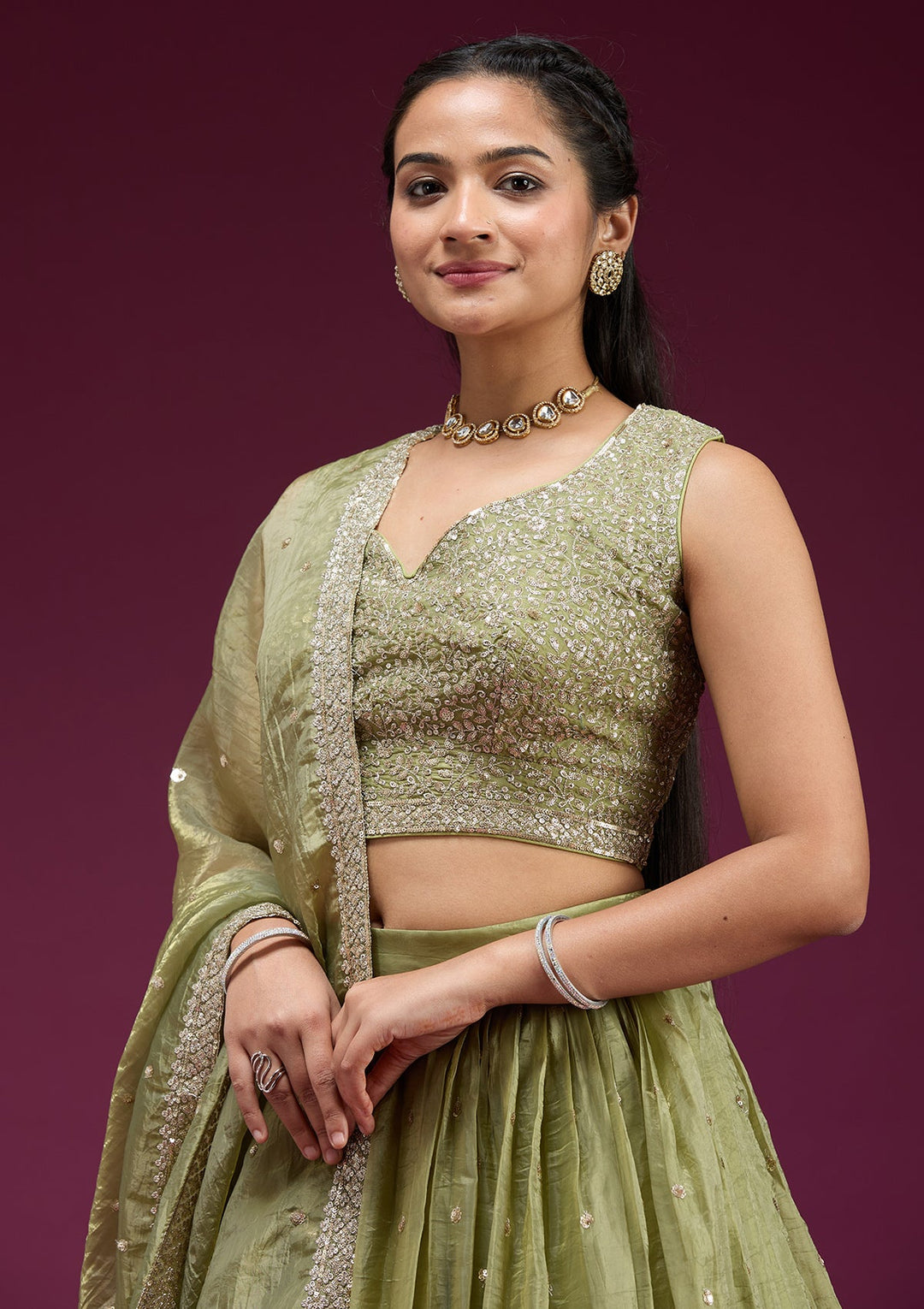 Pista Green Sequins Organza Readymade Lehenga-koskii
