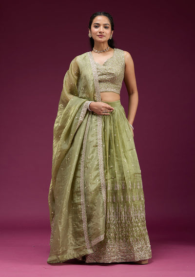 Pista Green Sequins Organza Readymade Lehenga-koskii