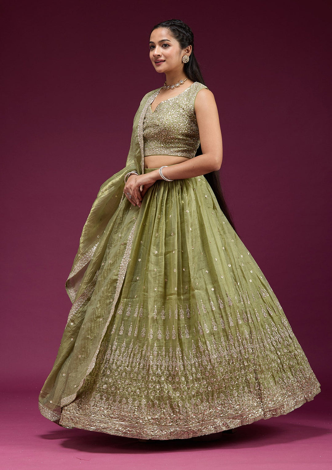 Pista Green Sequins Organza Readymade Lehenga-koskii
