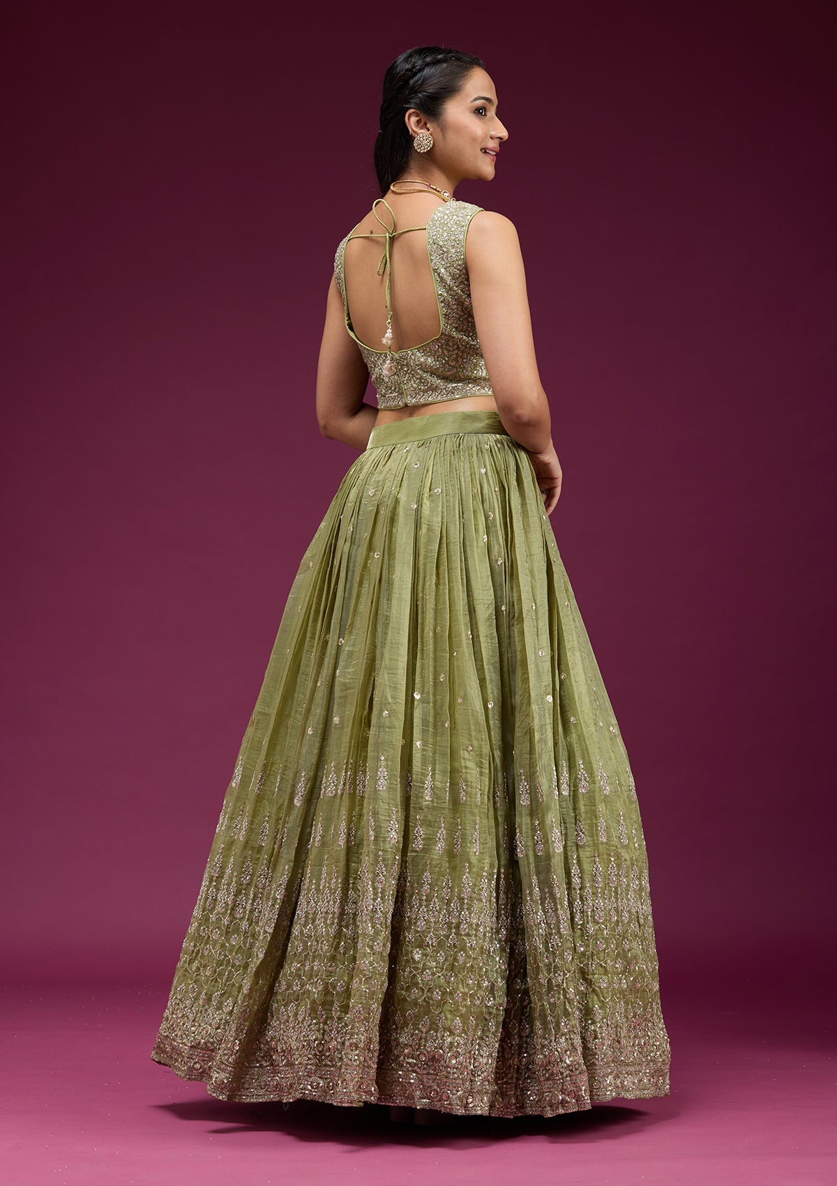 Pista Green Sequins Organza Readymade Lehenga-koskii