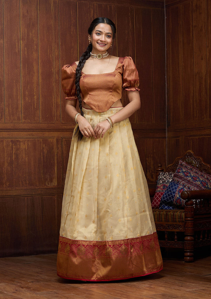 Beige  Banarasi Readymade Lehenga-Koskii