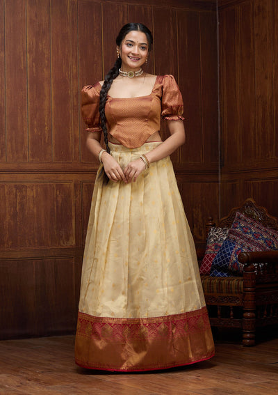 Beige  Banarasi Readymade Lehenga-Koskii