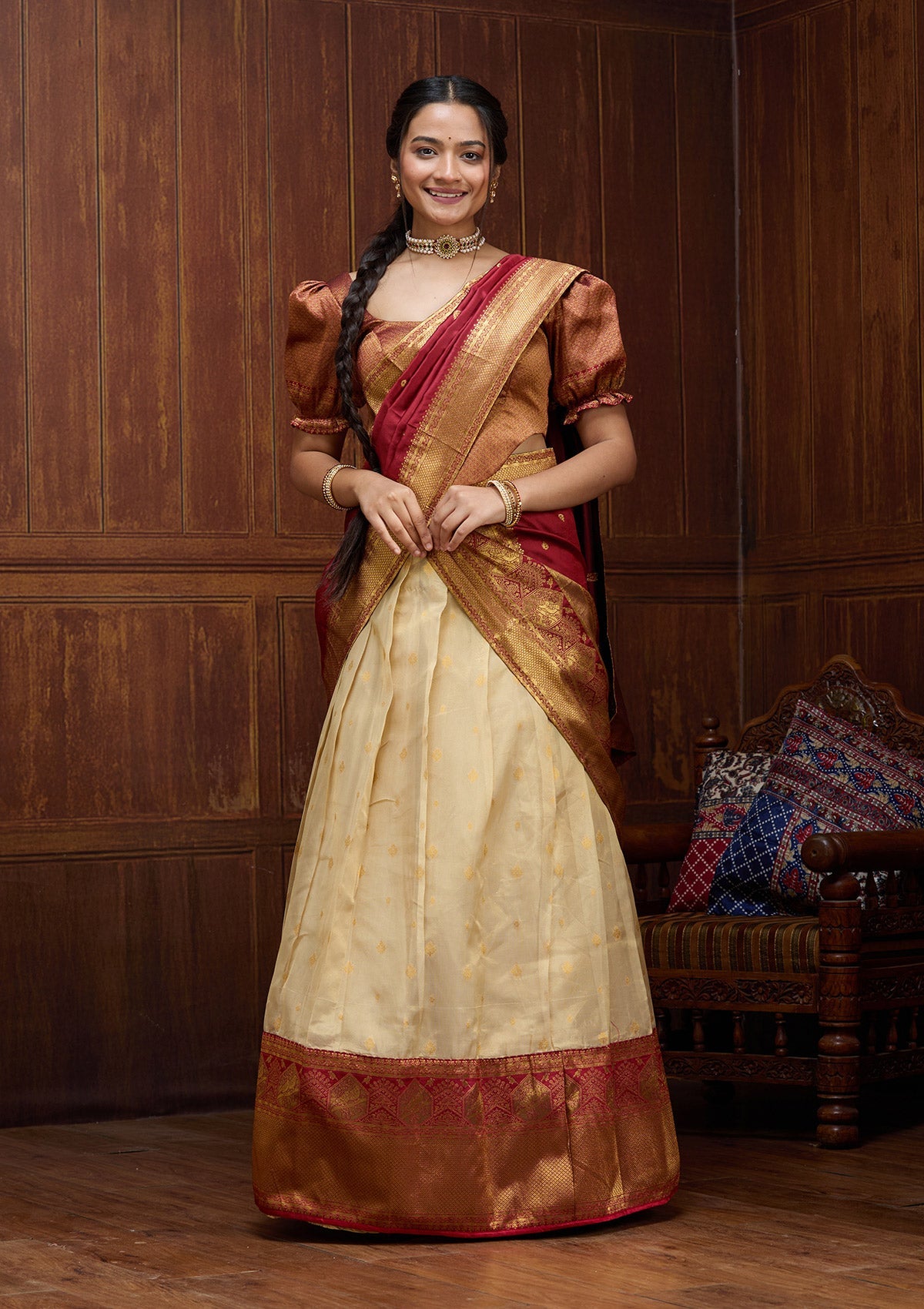 Beige  Banarasi Readymade Lehenga-Koskii