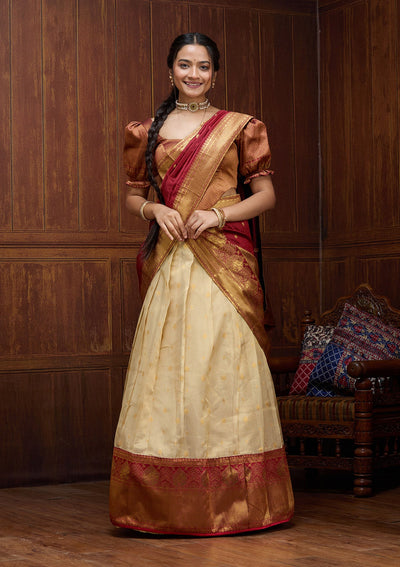 Beige  Banarasi Readymade Lehenga-Koskii