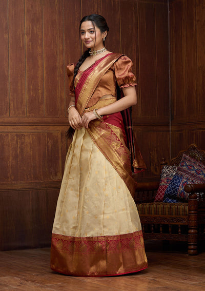 Beige  Banarasi Readymade Lehenga-Koskii