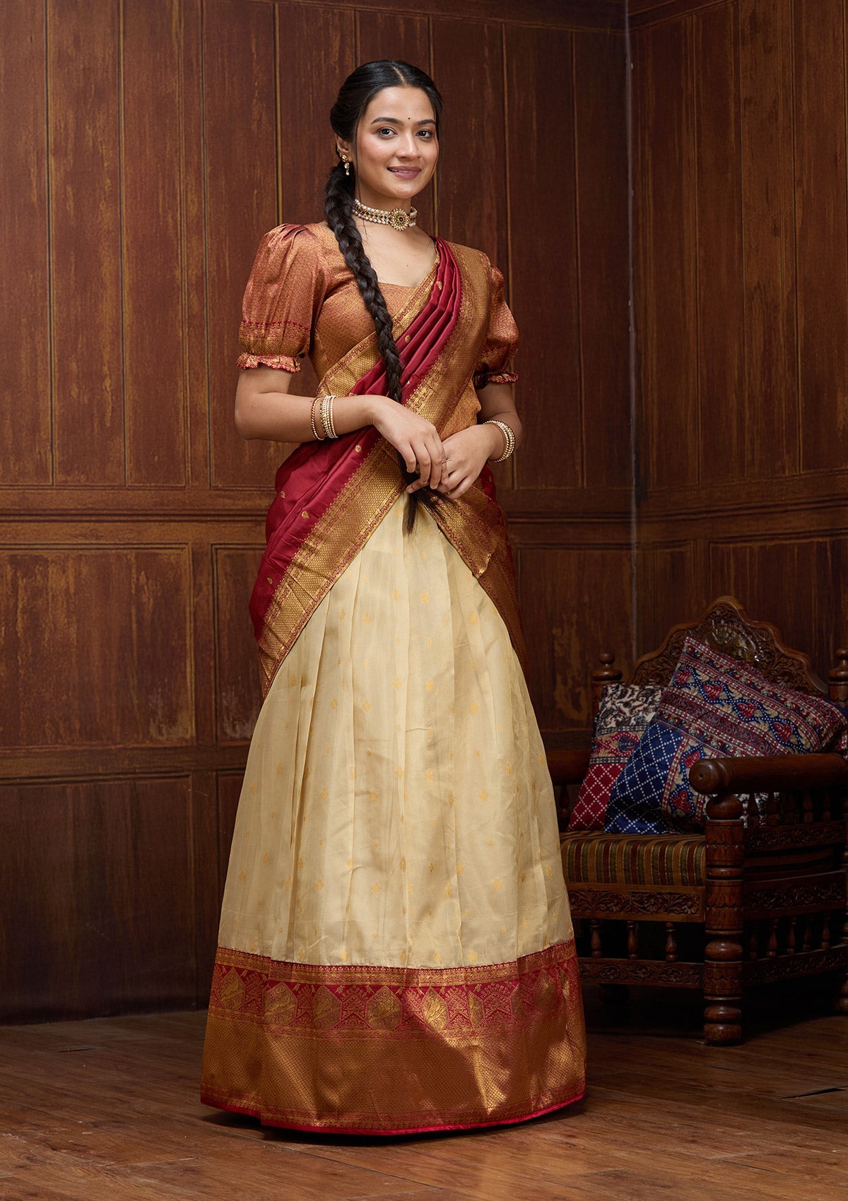 Beige  Banarasi Readymade Lehenga-Koskii