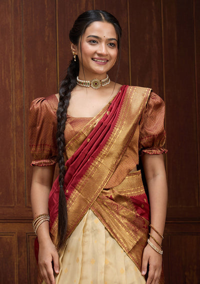 Beige  Banarasi Readymade Lehenga-Koskii