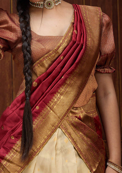 Beige  Banarasi Readymade Lehenga-Koskii