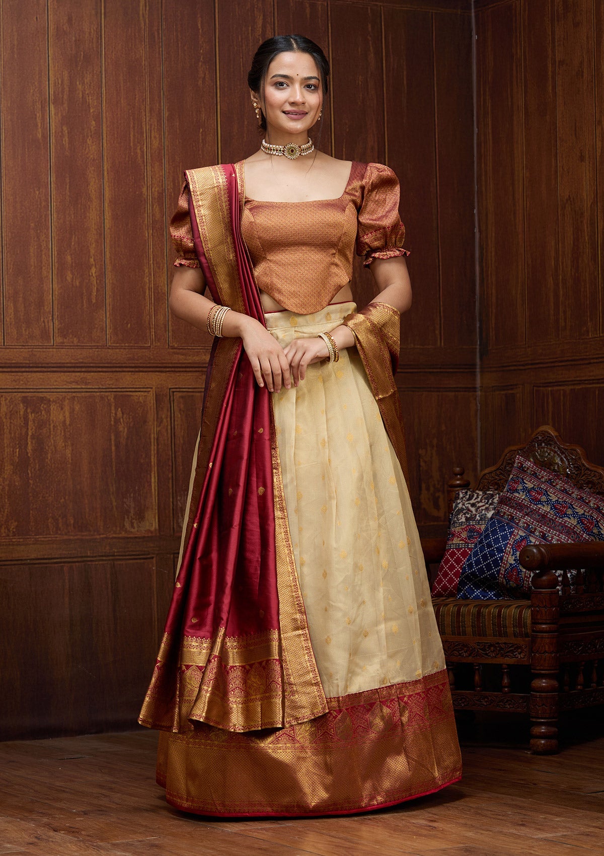Beige  Banarasi Readymade Lehenga-Koskii