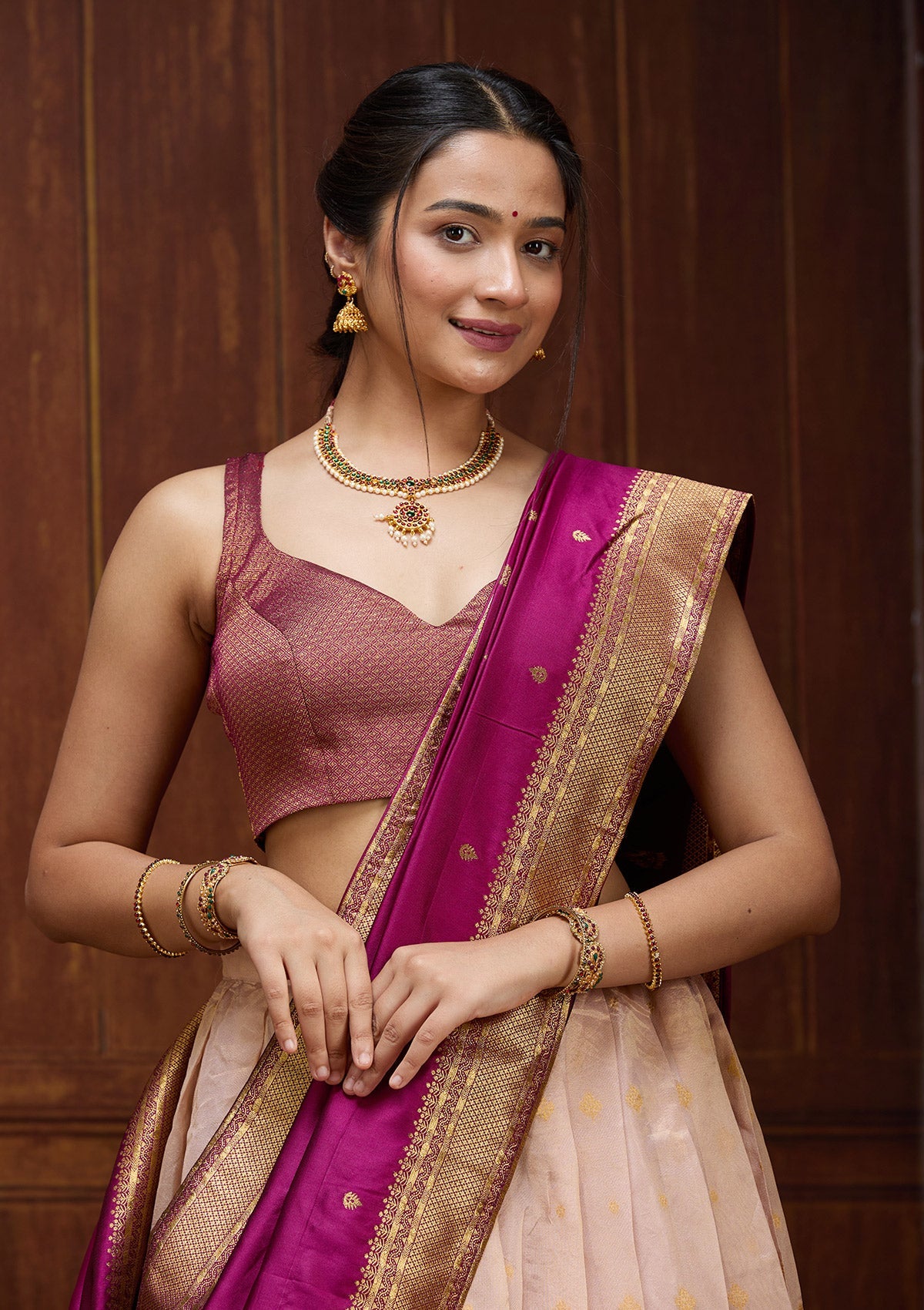 Pink Threadwork Linen Unstitched Salwar Suit-koskii