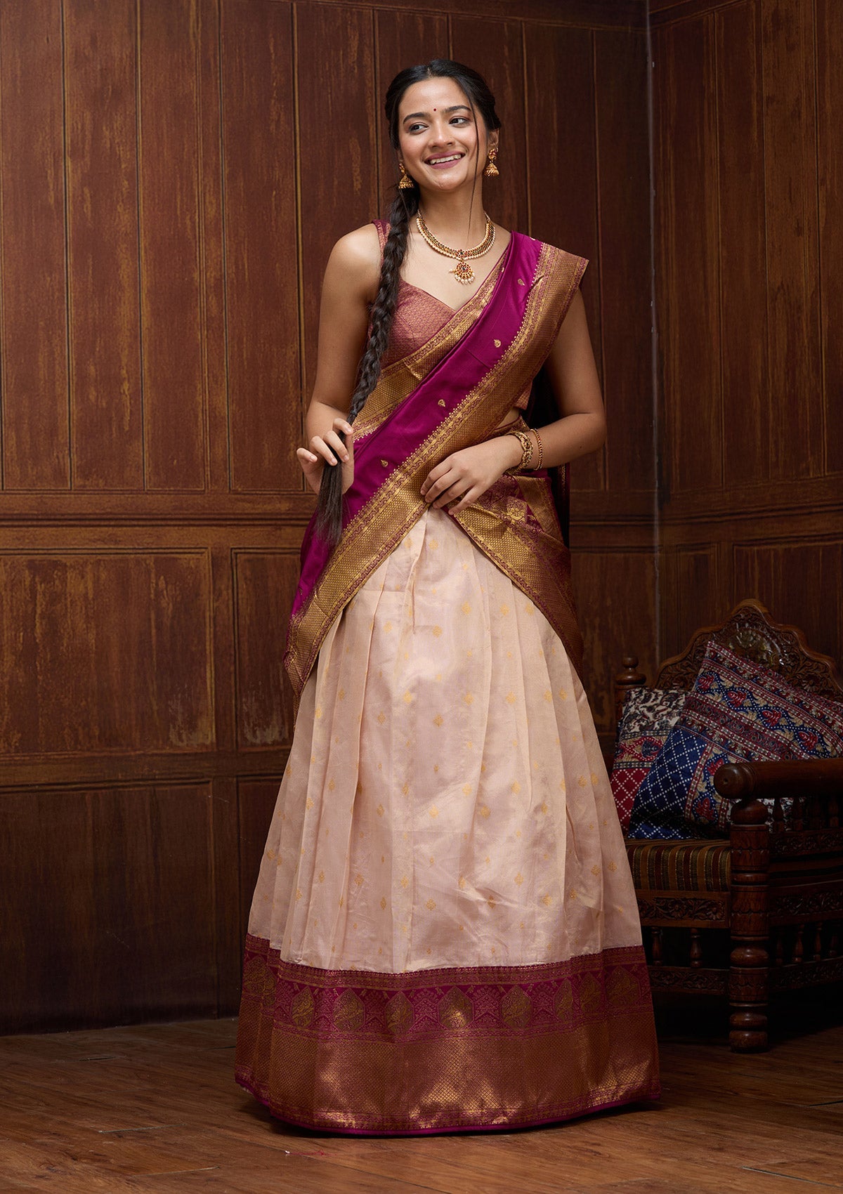 Pink Threadwork Linen Unstitched Salwar Suit-koskii