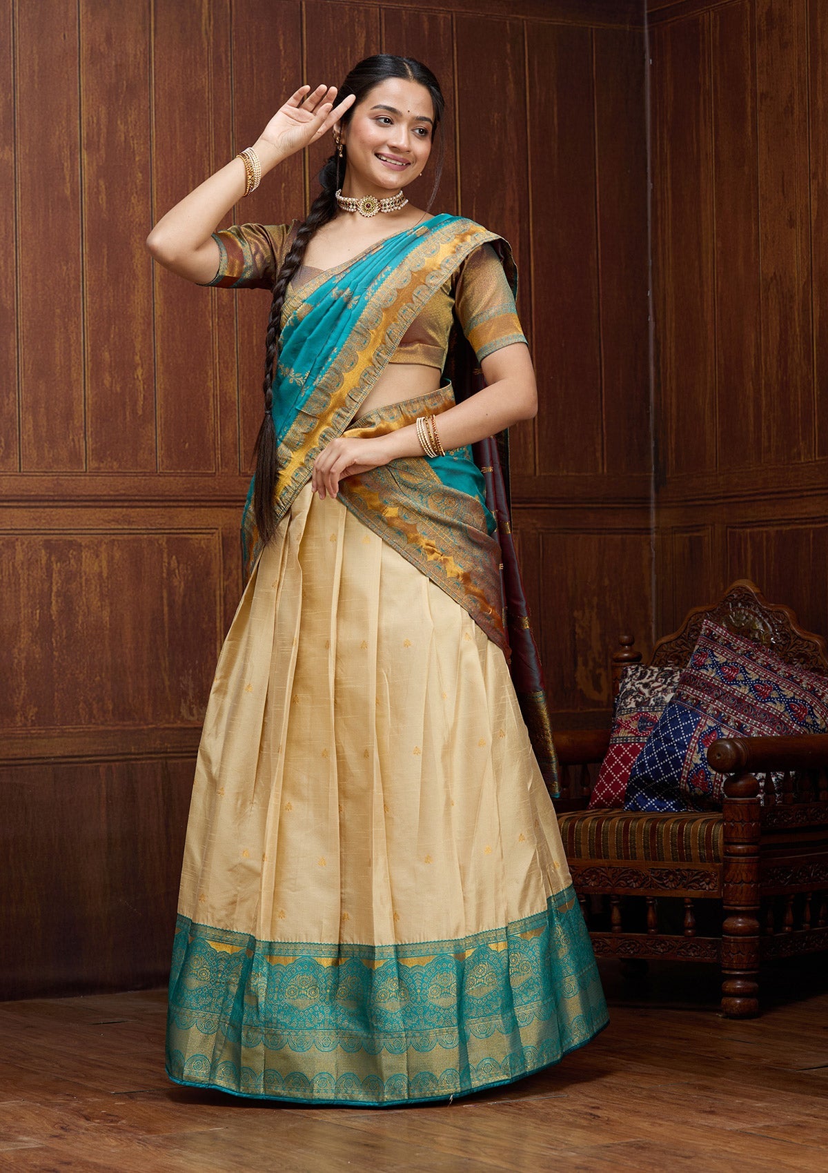 Beige  Banarasi Readymade Lehenga-Koskii