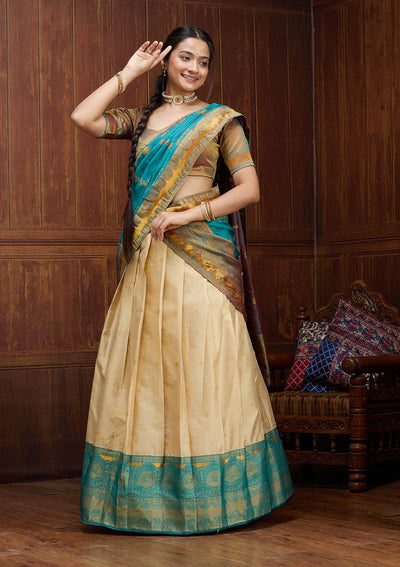 Beige  Banarasi Readymade Lehenga-Koskii