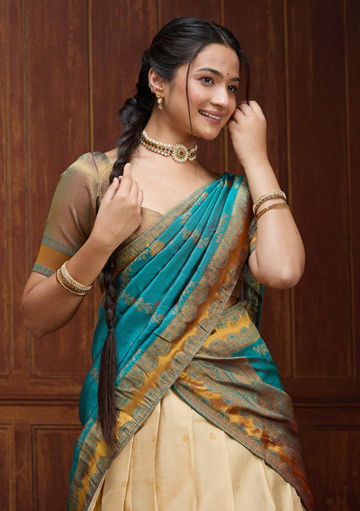 Beige  Banarasi Readymade Lehenga-Koskii