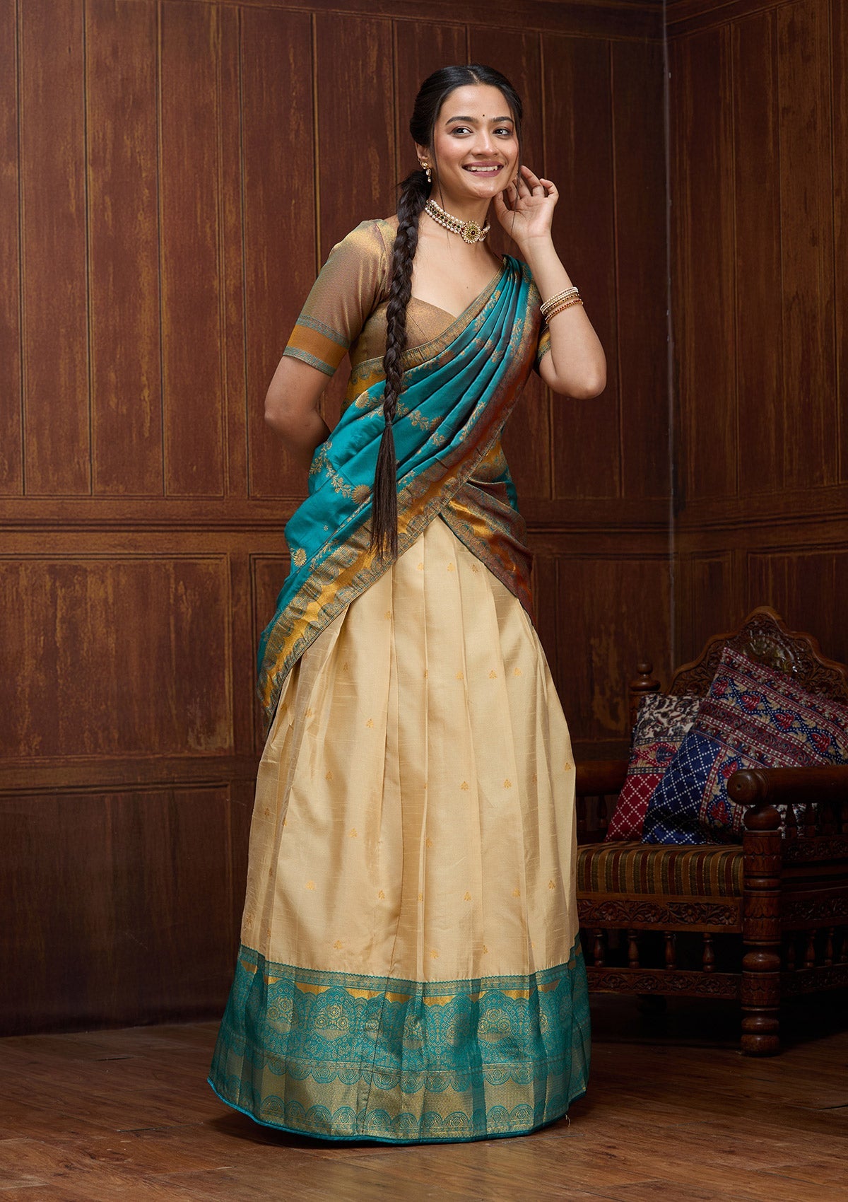 Beige  Banarasi Readymade Lehenga-Koskii