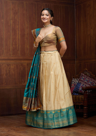 Beige  Banarasi Readymade Lehenga-Koskii
