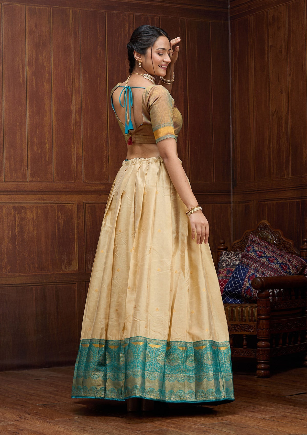 Beige  Banarasi Readymade Lehenga-Koskii