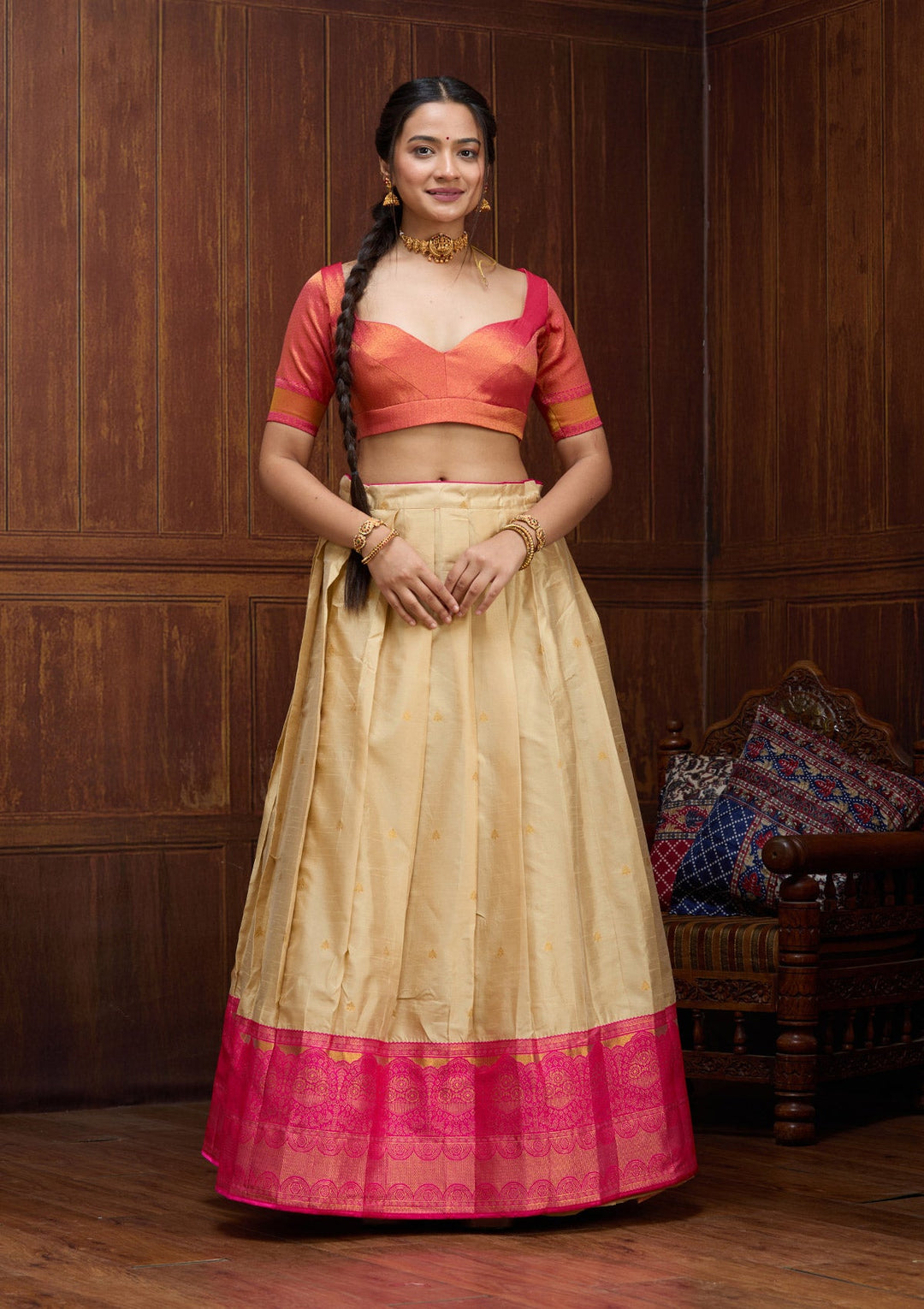 Beige Banarasi Readymade Lehenga-Koskii
