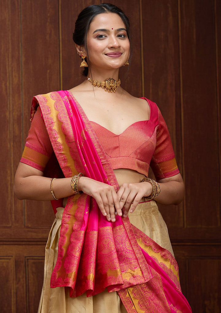 Beige Banarasi Readymade Lehenga-Koskii